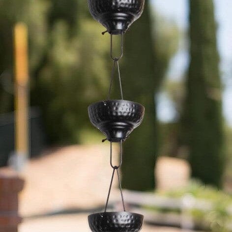 Aluminum Eastern Hammered Cup Rain Chain Replacement Downspout for Gutters, Matte Black